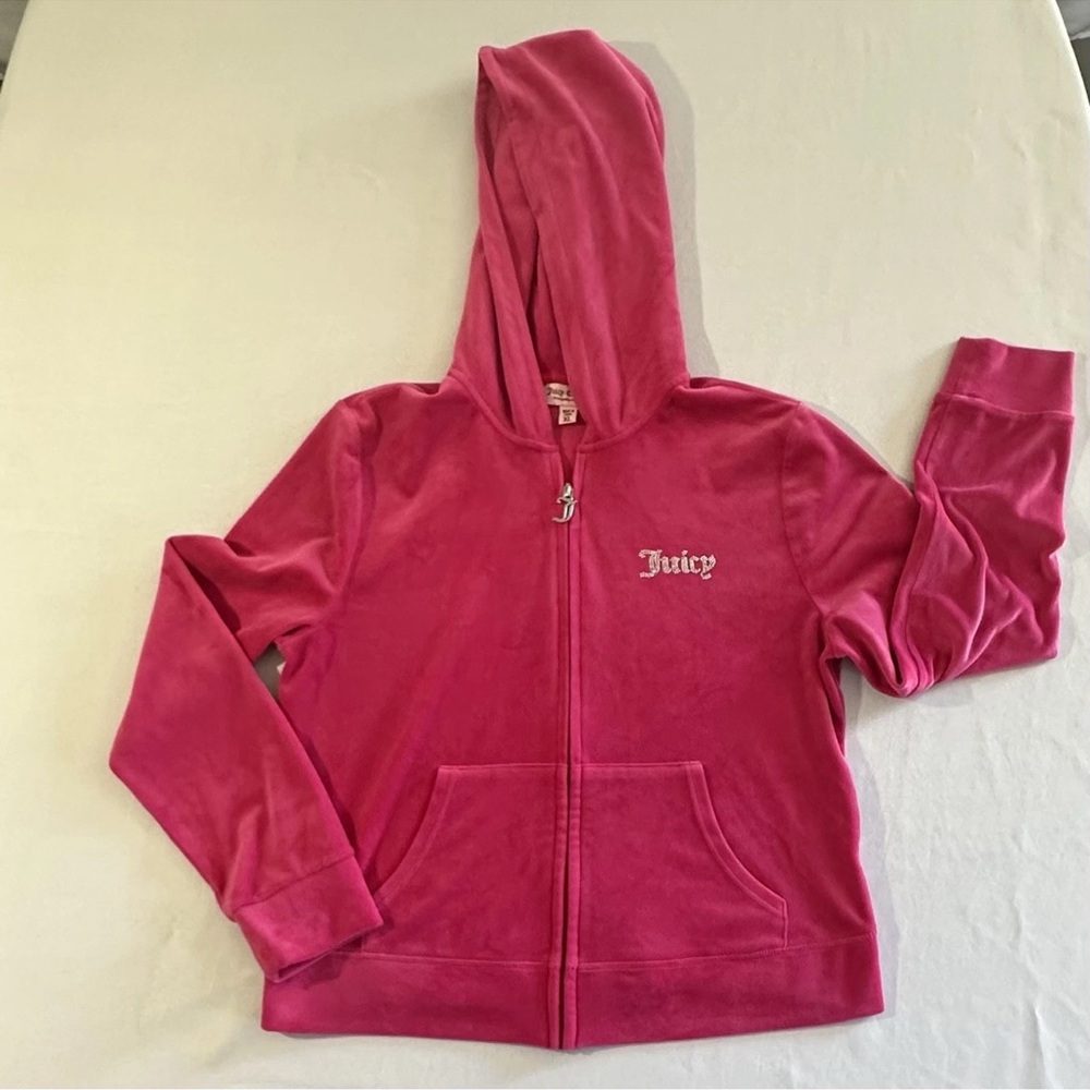 JUICY COUTURE Velvet Tracksuit Bling Hoodie & Pants Hot Pink Size XL Retro Y2K - Picture 2 of 16
